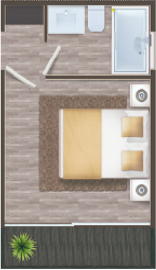 Diseño de un dormitorio en una vivienda modular, con una cama matrimonial y dos mesas de noche. Ideal para una casa prefabricada o como segunda vivienda. Marca Tecno Fast Home.