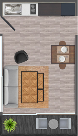 Diseño interior de una vivienda modular con un ambiente acogedor, que incluye una sala de estar con un sofá cómodo y una mesa de comedor. Ideal para una casa prefabricada o como segunda vivienda. Tecno Fast Home.