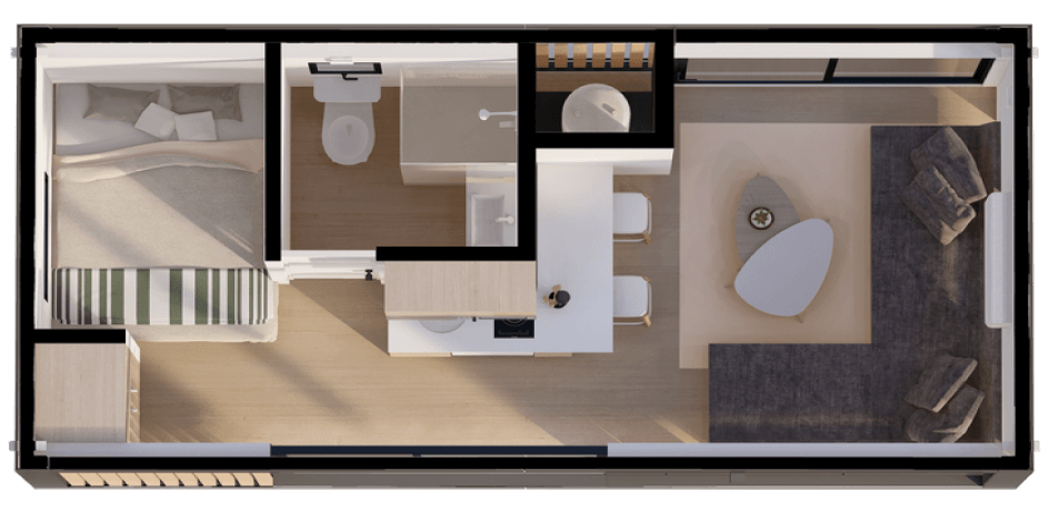 Dise&ntilde;o interior de una vivienda modular, mostrando un espacio funcional que incluye cocina, comedor y ba&ntilde;o. Ideal para quienes buscan una casa prefabricada eficiente y moderna. Tecno Fast Home.

Plano de una casa modular, destacando la distribuci&oacute;n de espacios como el ba&ntilde;o y la zona de estar. Perfecta para una segunda vivienda o como opci&oacute;n de vivienda principal. Tecno Fast Home.