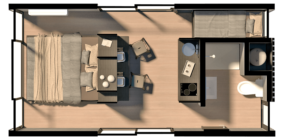 Diseño interior de una vivienda modular con un ambiente acogedor, que incluye un área de sala y comedor, ideal para disfrutar en familia. La distribución eficiente del espacio resalta la funcionalidad de una casa prefabricada. Tecno Fast Home.