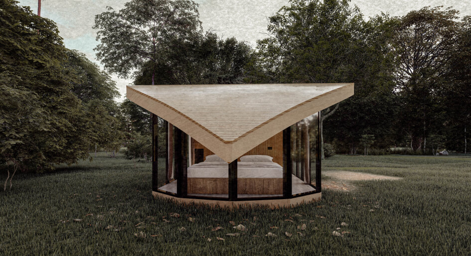 Casa modular con diseño contemporáneo, rodeada de naturaleza, ideal como segunda vivienda o espacio de descanso. La estructura presenta un techo distintivo y amplias ventanas que ofrecen vistas panorámicas. Perfecta para quienes buscan una vivienda prefabricada con estilo. Marca Tecno Fast Home.