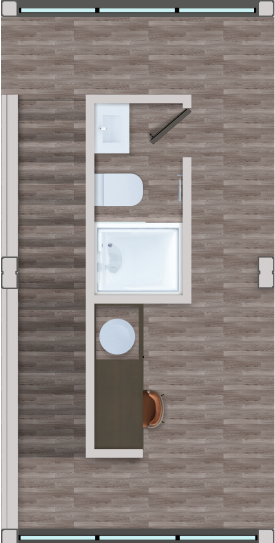 Diseño interior de un baño en una vivienda modular, mostrando una distribución eficiente con lavamanos, inodoro y ducha. Ideal para casas prefabricadas y segundas viviendas. Tecno Fast Home.