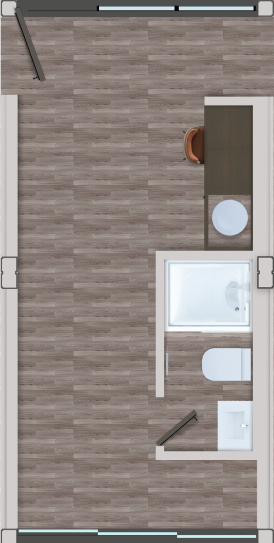 Diseño de planta de una vivienda modular con espacios bien distribuidos, incluyendo un baño completo y área para muebles. Ideal como casa prefabricada o segunda vivienda. Marca: Tecno Fast Home.