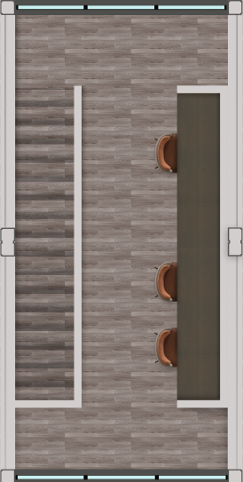 Diseño interior de una vivienda modular con un espacio de trabajo que incluye una mesa larga y sillas. La distribución optimiza el uso del área, ideal para una casa prefabricada que busca funcionalidad y estilo. Tecno Fast Home.

Plano de una casa modular que presenta un área de escaleras y un espacio de oficina. La configuración es perfecta para una segunda vivienda, combinando comodidad y modernidad. Tecno Fast Home.