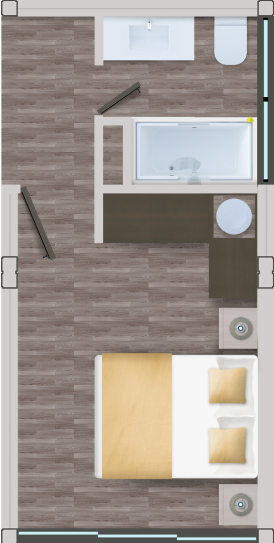 Diseño de planta de una vivienda modular con dormitorio, baño y área de estar, ideal como casa prefabricada o segunda vivienda. La disposición eficiente del espacio maximiza la comodidad y funcionalidad. Tecno Fast Home.