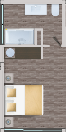 Diseño de una vivienda modular que muestra la distribución de una casa prefabricada con un dormitorio, baño y área de estar. Este espacio optimiza el uso de cada metro cuadrado, ideal para una segunda vivienda. La marca Tecno Fast Home ofrece soluciones innovadoras en el ámbito de las casas modulares.