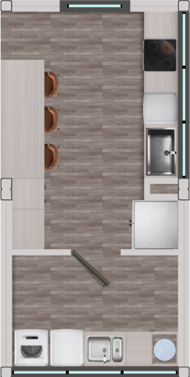 Diseño de una cocina moderna en una vivienda modular, con una distribución eficiente que incluye una barra con asientos, electrodomésticos integrados y espacio para almacenamiento. Ideal para una casa prefabricada o como segunda vivienda. Tecno Fast Home.