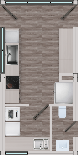 Diseño de una cocina moderna en una vivienda modular, con distribución eficiente de electrodomésticos y espacios funcionales. Ideal para una casa prefabricada que busca optimizar el uso del espacio. Este diseño es perfecto para una segunda vivienda. Tecno Fast Home.