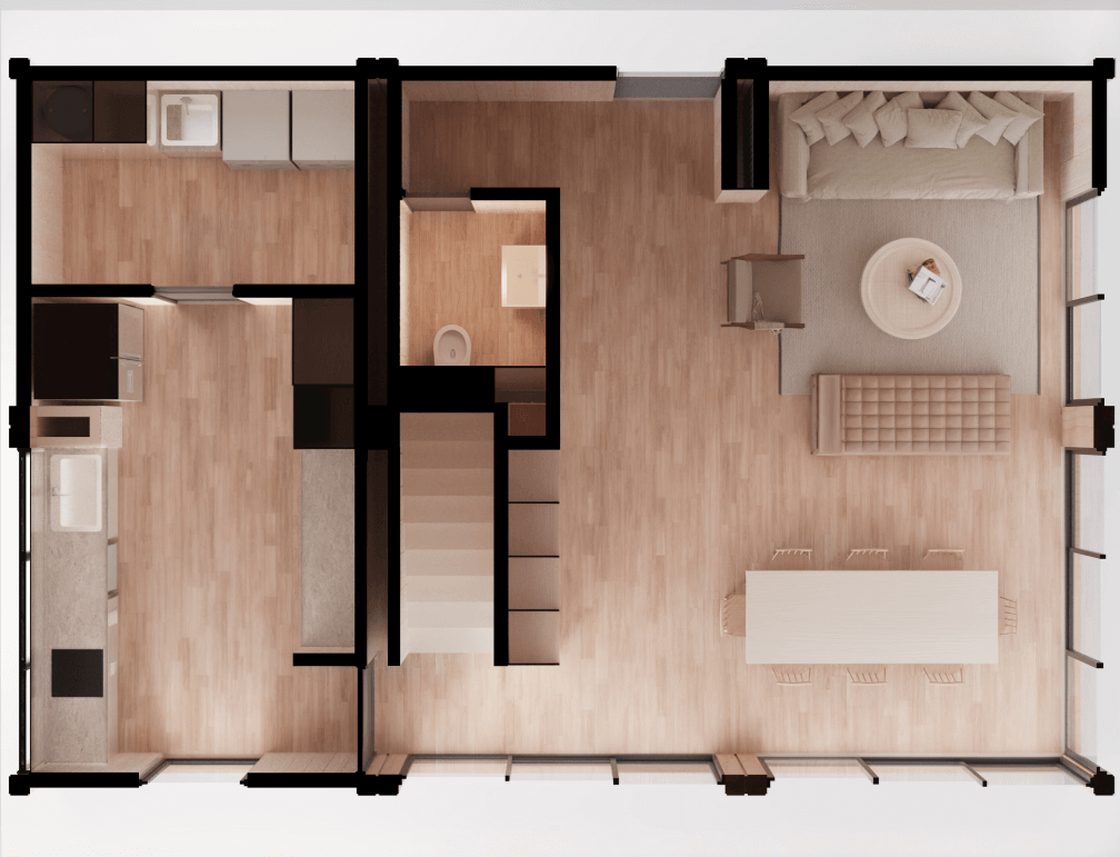 Diseño de planta de una vivienda modular que muestra una distribución funcional y moderna, con espacios amplios para la cocina, sala de estar y comedor. Ideal para una casa prefabricada o segunda vivienda. Tecno Fast Home.