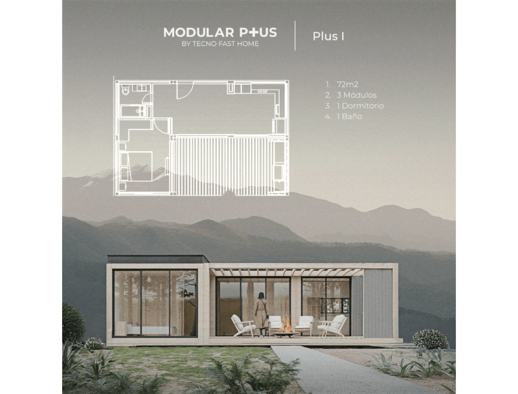Vivienda modular de diseño contemporáneo con un plano que muestra la distribución de sus 72 m², ideal como casa prefabricada o segunda vivienda. Esta casa modular cuenta con un dormitorio y un baño, perfecta para disfrutar de la naturaleza. Tecno Fast Home.