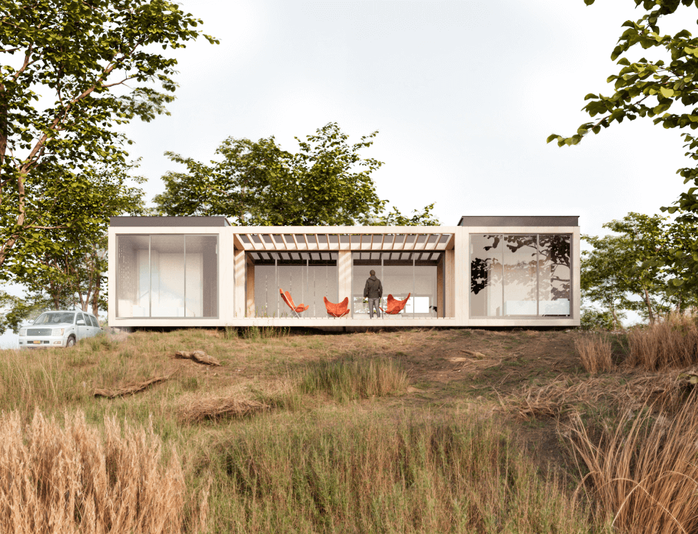 Una casa modular contemporánea, rodeada de naturaleza, con grandes ventanales que permiten la entrada de luz natural. Se observa un espacio exterior acogedor con sillas en la terraza. Ideal como vivienda secundaria o casa prefabricada. Tecno Fast Home.
Una vivienda modular de diseño moderno, situada en un entorno natural. La estructura destaca por su funcionalidad y estética, con un área exterior para disfrutar del paisaje. Perfecta como segunda vivienda o casa prefabricada. Tecno Fast Home.