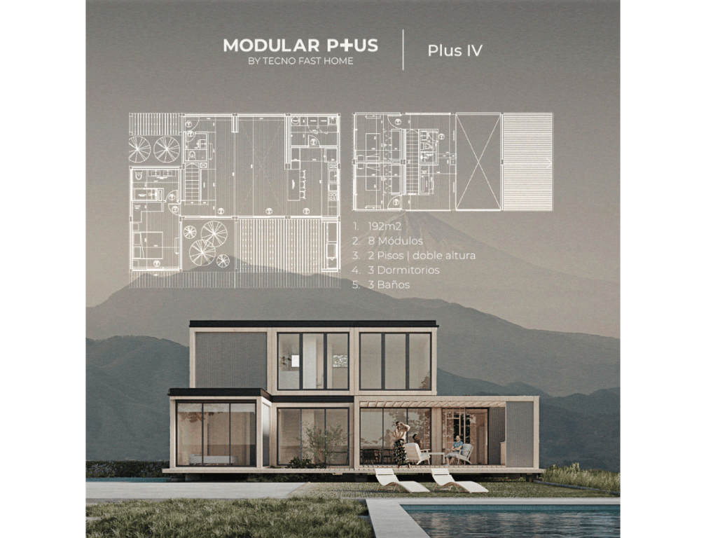 Vivienda modular de diseño contemporáneo con una distribución de 192 m². Incluye 8 módulos, dos niveles y tres dormitorios, ideal como casa prefabricada o segunda vivienda. La integración con el entorno natural resalta su estética moderna. Tecno Fast Home.