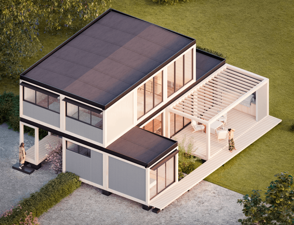 Casa modular de diseño contemporáneo con amplios ventanales y un porche que se integra al paisaje. Ideal como segunda vivienda o vivienda modular. La estructura destaca por su funcionalidad y estética. Tecno Fast Home.