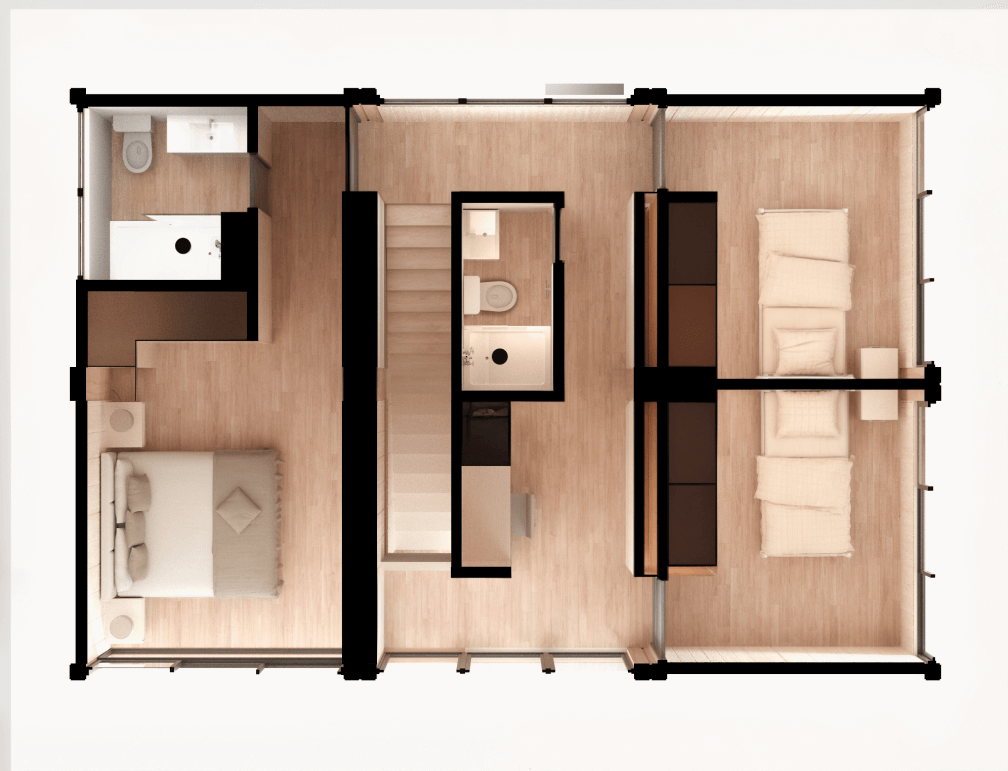 Diseño interior de una casa modular que muestra la distribución de espacios, incluyendo un dormitorio, baño y áreas comunes, ideal para una segunda vivienda. Este modelo destaca por su funcionalidad y estilo moderno, perfecto para quienes buscan una vivienda prefabricada. Marca: Tecno Fast Home.