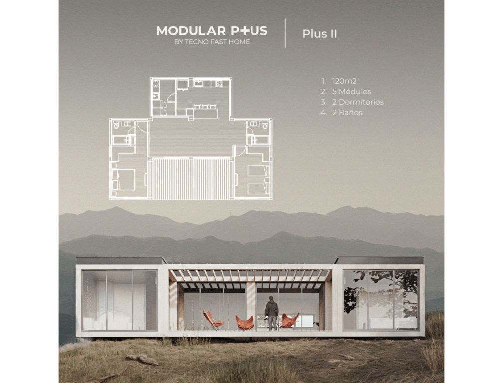 Descripción de la vivienda modular con diseño contemporáneo, que incluye una distribución de 120 m², cinco módulos, dos dormitorios y dos baños. La casa prefabricada se integra armoniosamente con el entorno natural, ofreciendo un espacio ideal como segunda vivienda. Tecno Fast Home.