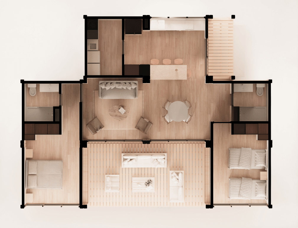 Diseño de vivienda modular con distribución de espacios, incluyendo sala, comedor y áreas privadas. Ideal para una casa prefabricada que maximiza la funcionalidad y el confort. Tecno Fast Home.
Plano de una casa modular, mostrando la disposición de habitaciones y áreas comunes. Perfecta como segunda vivienda o para quienes buscan un estilo de vida práctico. Tecno Fast Home.