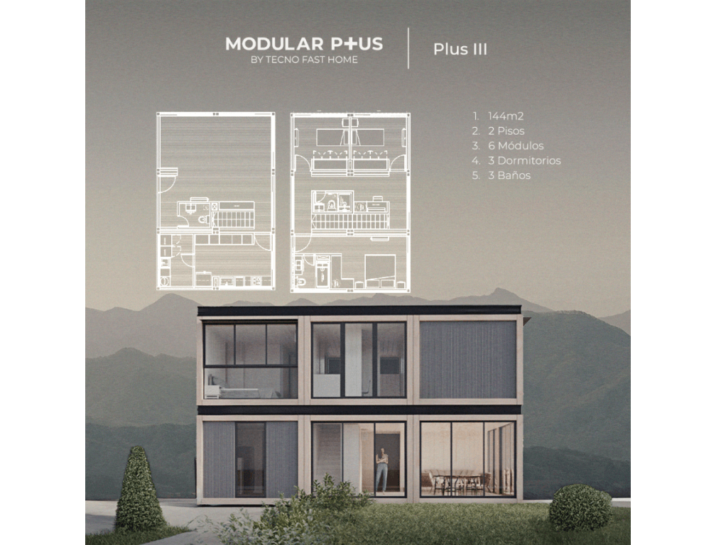 Casa modular de dos pisos con diseño contemporáneo, compuesta por seis módulos y con un total de 144 m². La vivienda cuenta con tres dormitorios y tres baños, ideal para una familia. Presenta amplias ventanas que permiten la entrada de luz natural y vistas panorámicas. La estructura es parte de la línea Modular P+US de Tecno Fast Home.