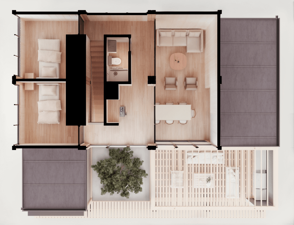 Diseño de una vivienda modular que muestra la distribución de espacios, incluyendo áreas de descanso y un ambiente acogedor para compartir. Ideal como casa prefabricada o segunda vivienda. Marca Tecno Fast Home.
Presentación de una casa modular con un diseño funcional y moderno, que incluye un salón, comedor y zonas de descanso, perfecta para disfrutar en familia. Marca Tecno Fast Home.
Vista superior de una casa prefabricada que resalta su distribución eficiente, combinando comodidad y estilo en un espacio ideal para una segunda vivienda. Marca Tecno Fast Home.