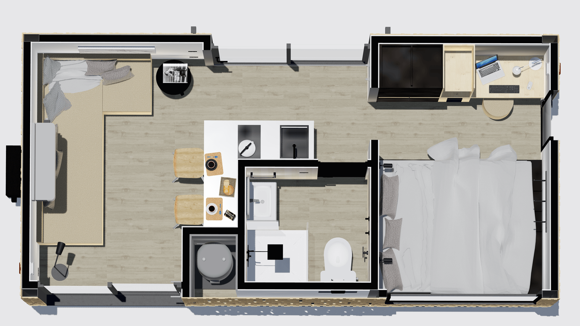 Diseño interior de una vivienda modular que incluye una sala de estar, cocina y dormitorio. La distribución muestra espacios funcionales, ideal para una casa prefabricada. Perfecta para quienes buscan una segunda vivienda. Tecno Fast Home.
Casa modular contemporánea con un plano eficiente. Presenta áreas bien definidas, incluyendo un acogedor salón y un baño. Ideal como vivienda secundaria. Tecno Fast Home.
Vista aérea de un diseño de casa prefabricada, destacando un ambiente cómodo con mobili