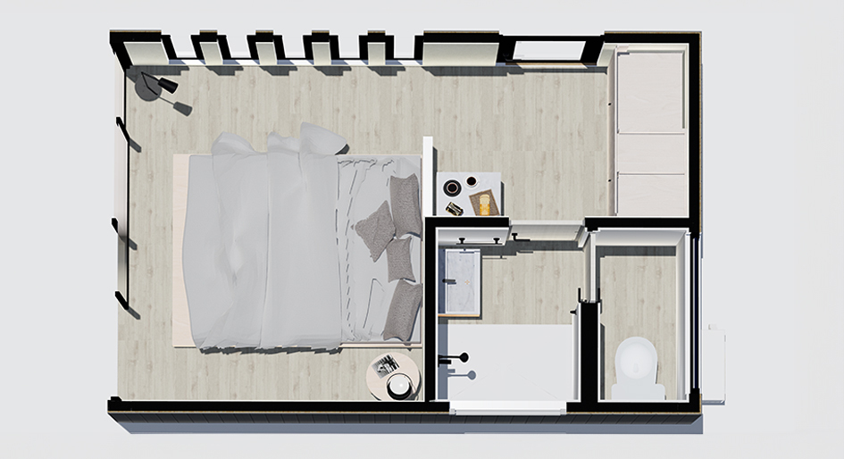 Diseño interior de una casa modular, con un dormitorio amplio y luminoso, un baño compacto y un área de estar acogedora. Ideal para quienes buscan una segunda vivienda funcional y estilizada. Este modelo pone en valor la comodidad y la optimización del espacio. Tecno Fast Home.