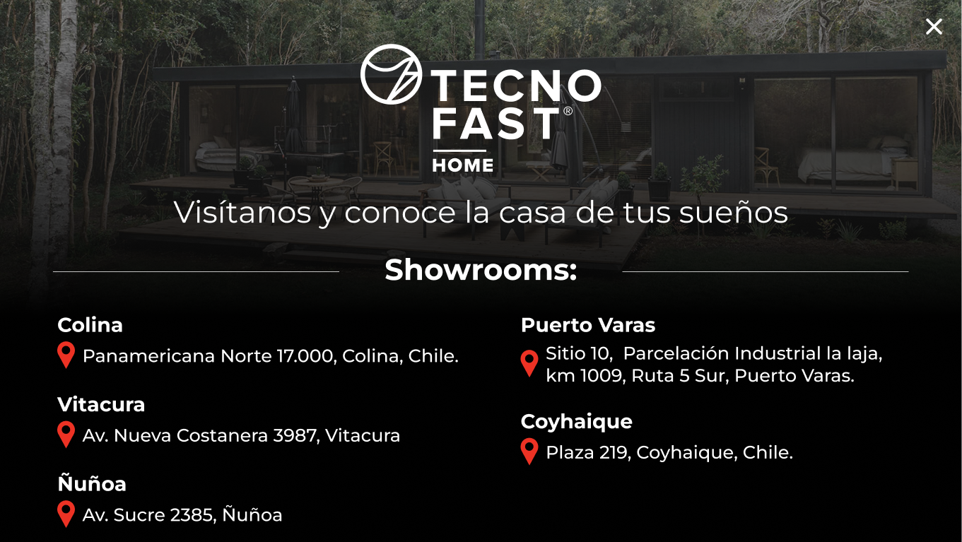 1. **Descripción de imagen**: Espacio exterior de una vivienda modular con un diseño contemporáneo, rodeado de naturaleza, ideal para disfrutar de momentos al aire libre. Esta casa prefabricada ofrece comodidad y estilo. Marca: Tecno Fast Home.
2. **Descripción de imagen**: Mapa con las ubicaciones de los showrooms de casas modulares en diversas ciudades, destacando la accesibilidad para quienes buscan una segunda vivienda. Marca: Tecno Fast Home.
3. **