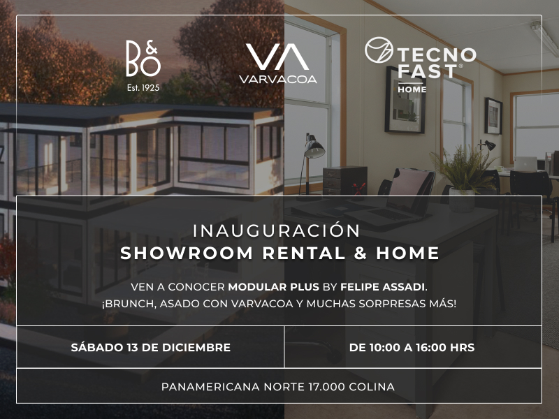 Inauguración de un showroom dedicado a la vivienda modular, destacando la casa prefabricada "Modular Plus" diseñada por Felipe Assadi. Un espacio que combina modernidad y funcionalidad, ideal para quienes buscan una segunda vivienda o un hogar innovador. Ven a disfrutar de un brunch y descubre muchas sorpresas en este evento único. Tecno Fast Home.