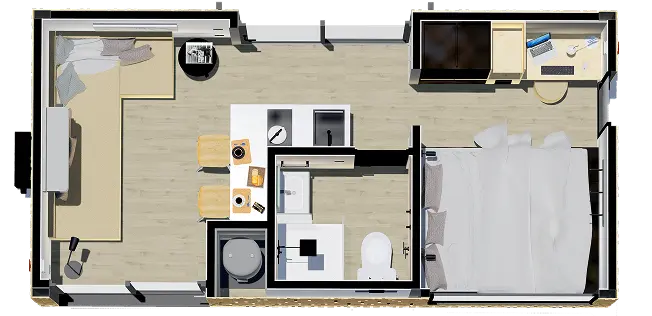 Diseño interior de una casa modular, con espacios bien distribuidos que incluyen una sala de estar, cocina y dormitorio. Ideal como vivienda modular o segunda vivienda. Tecno Fast Home.
Plano de una casa prefabricada, con áreas funcionales y modernas, perfecta para quienes buscan comodidad en un espacio compacto. Tecno Fast Home.
Distribución de una vivienda modular que optimiza cada rincón, incluyendo un área de trabajo y un baño. Ideal para escapadas o residencias permanentes. Tec