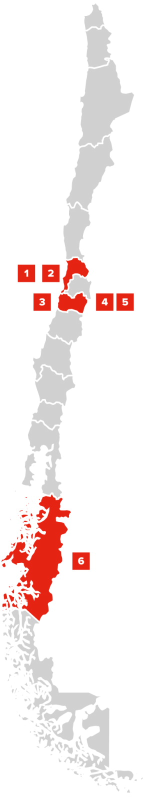 Mapa de Chile con las 6 paradas de la Ruta Tiny Cabin, de Salamanca a Río Ibáñez